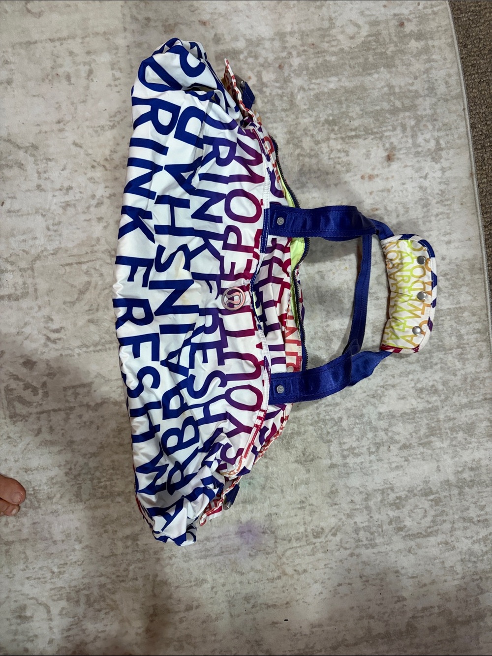 lululemon athletica Blue and White Letter-Print Tote with Purple Accents